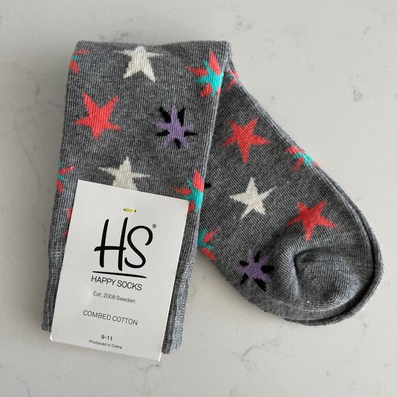 Happy Socks Est 2008 Sweden Star Print Crew Socks Charcoal Pink Wht 5.5-9.5 W - Picture 3 of 6